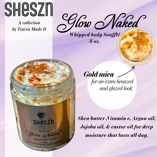 “Glow Naked” 8 oz. Whipped Body Soufflé with good mica.